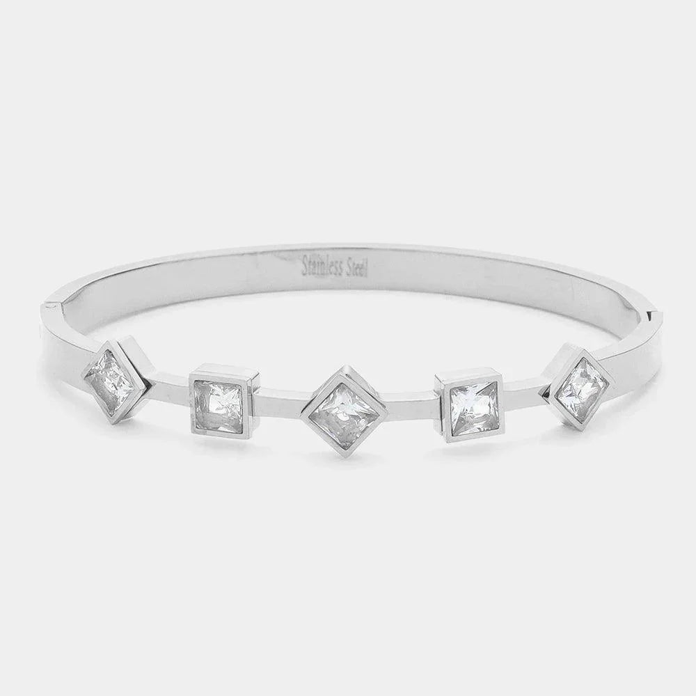 Silver Diamond Square Stone Cluster Pointed Stainless Steel Bangle Bracelet - Jewelry Store by Erik Rayo