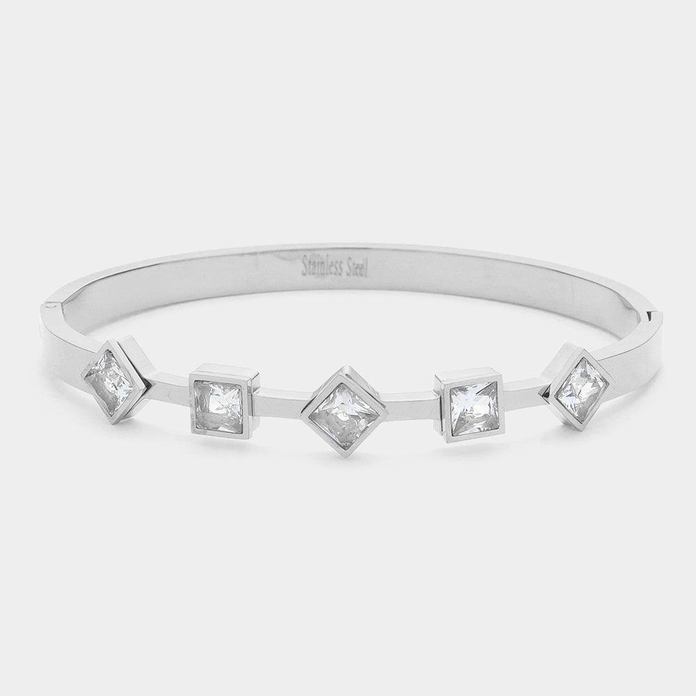 Silver Diamond Square Stone Cluster Pointed Stainless Steel Bangle Bracelet