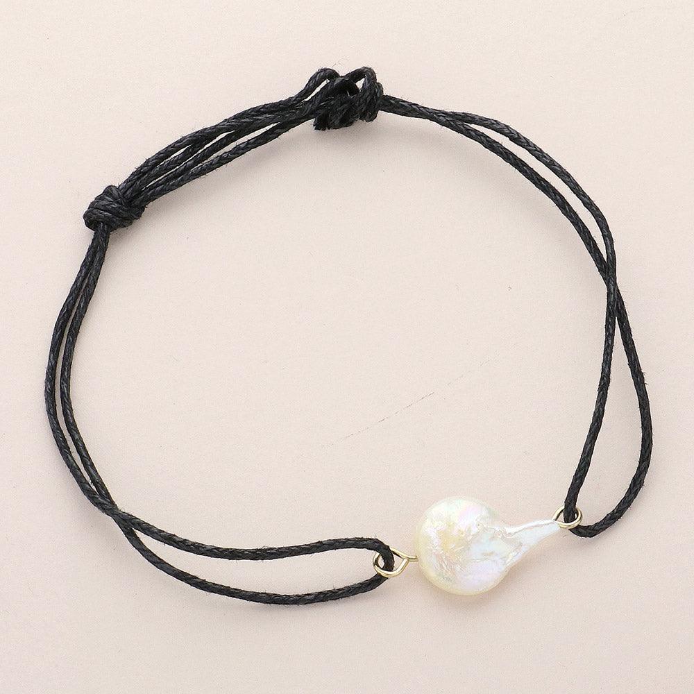 Black Freshwater Pearl Pointed Waxed Thread Adjustable Bracelet