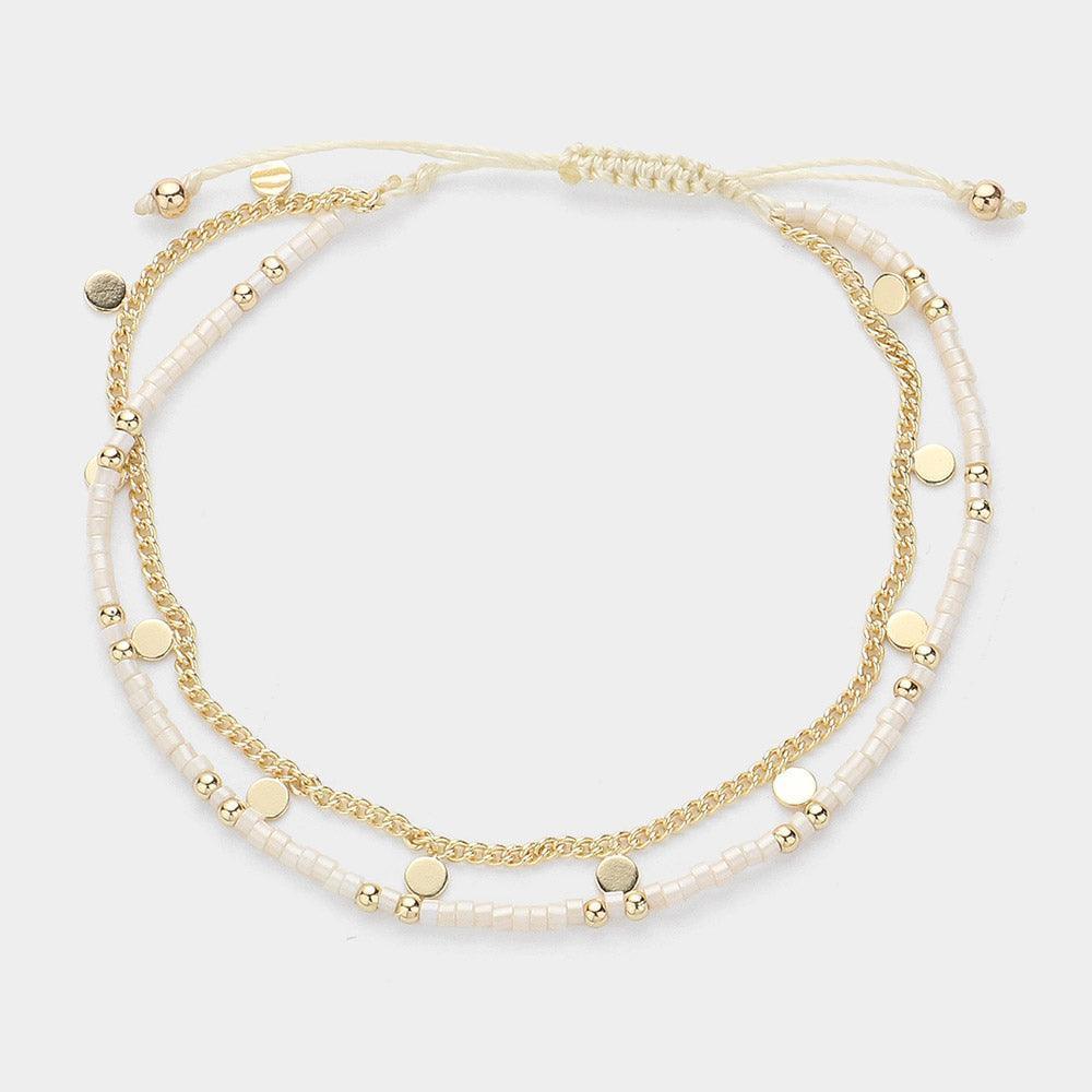 Ivory Metal Disc Station Chain Seed Beaded Layered Cinch Pull Tie Bracelet - Jewelry Store by Erik Rayo