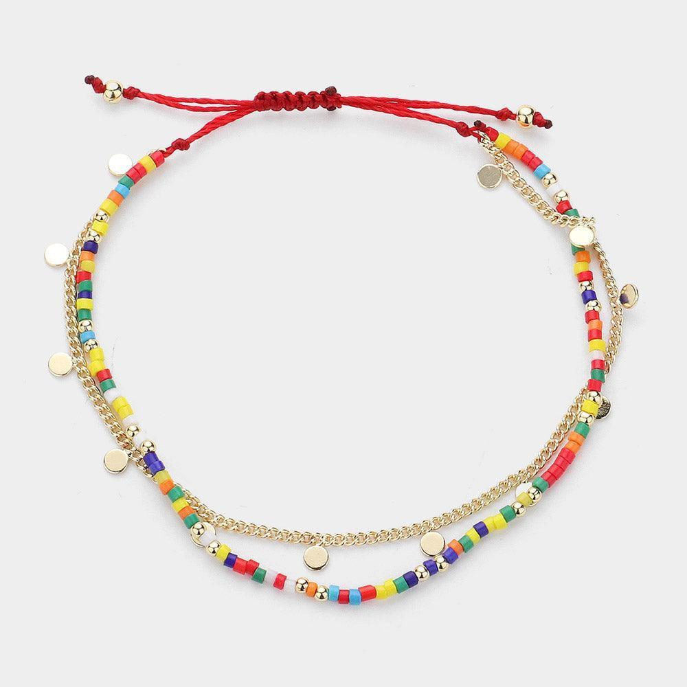 Gold Metal Disc Station Chain Seed Beaded Layered Cinch Pull Tie Bracelet - Jewelry Store by Erik Rayo
