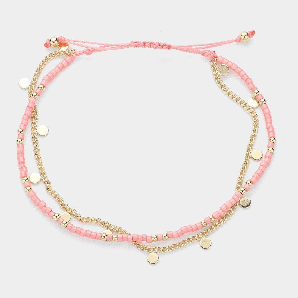 Pink Metal Disc Station Chain Seed Beaded Layered Cinch Pull Tie Bracelet - Jewelry Store by Erik Rayo