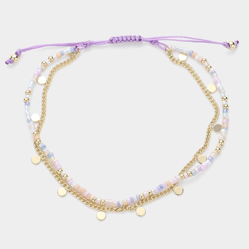 Gold Metal Disc Station Chain Seed Beaded Layered Cinch Pull Tie Bracelet - Jewelry Store by Erik Rayo