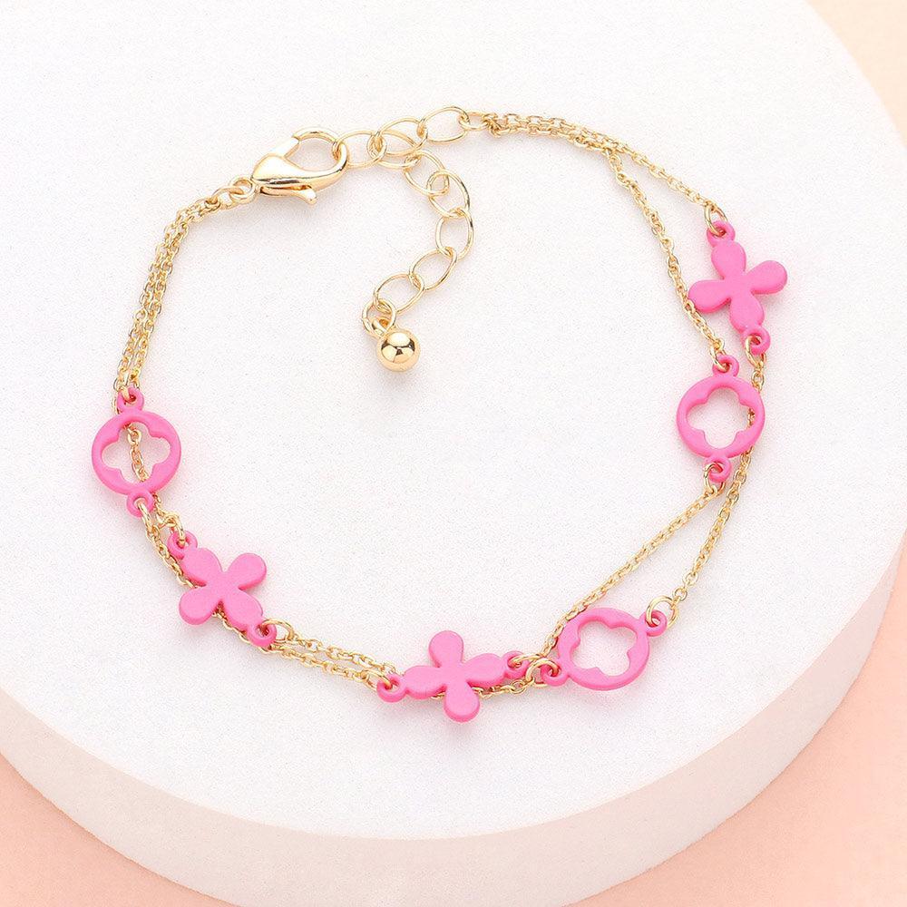 Fuchsia Colored Flower Crisscross Station Double Layered Bracelet - Jewelry Store by Erik Rayo
