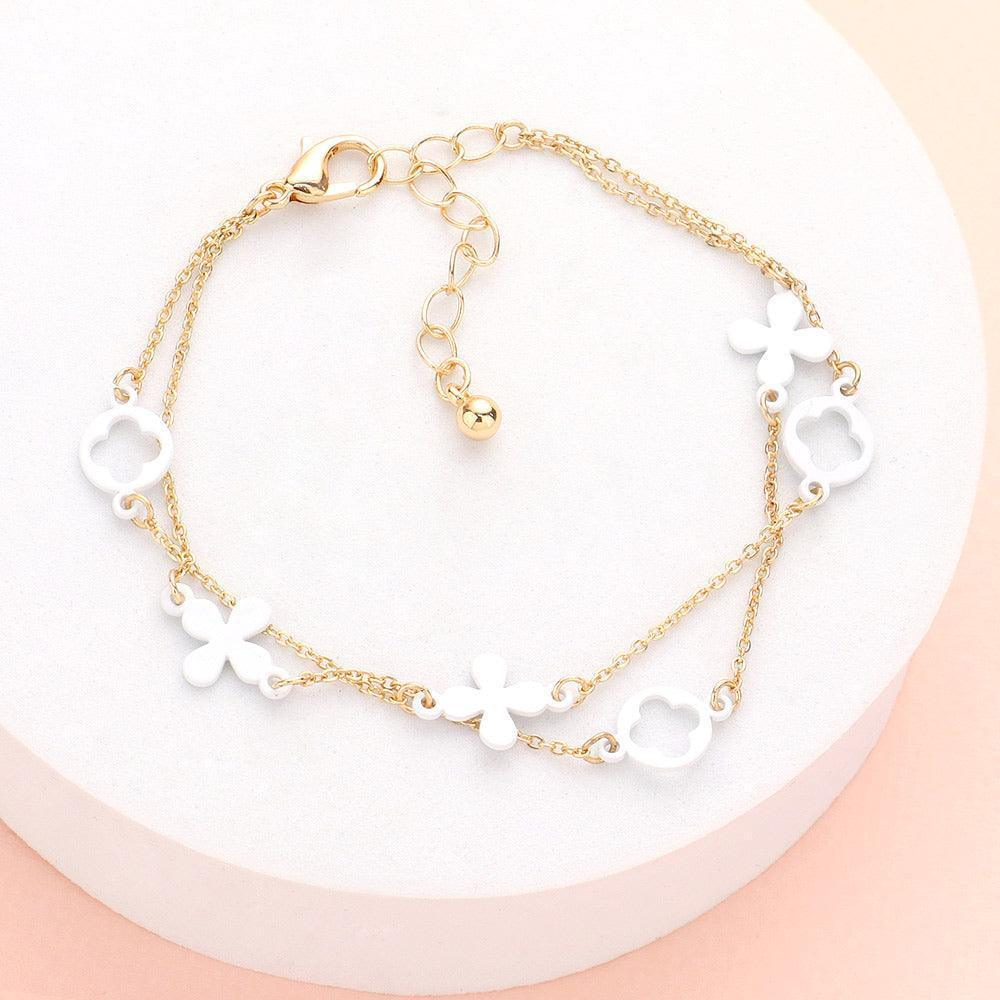White Colored Flower Crisscross Station Double Layered Bracelet - Jewelry Store by Erik Rayo