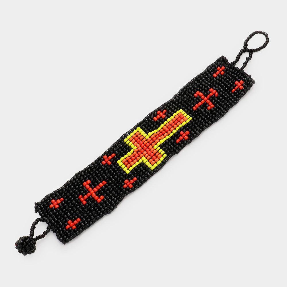 Black Boho Seed Beaded Cross Toggle Bracelet - Jewelry Store by Erik Rayo