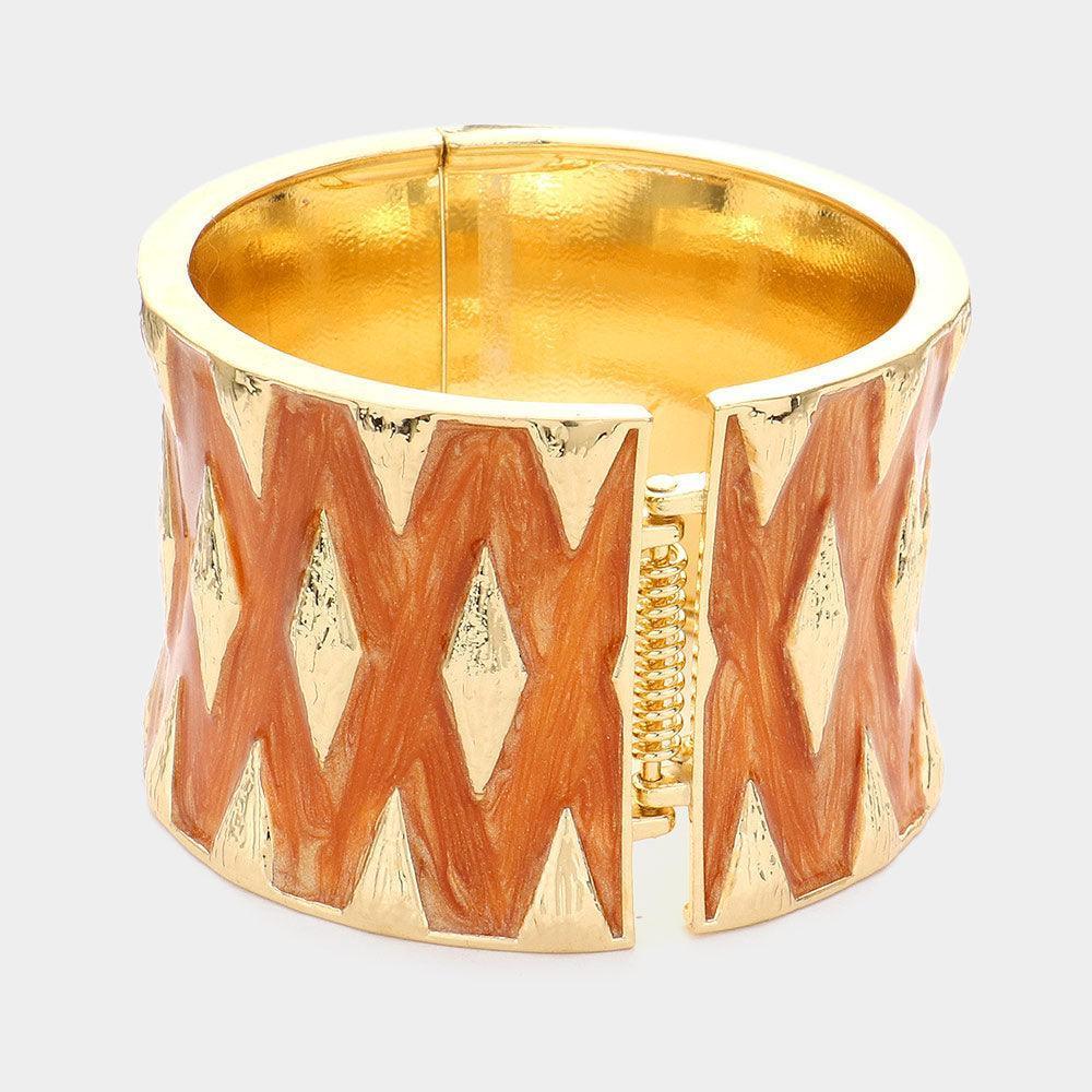 Brown Crisscross Patterned Enamel Metal Hinged Bracelet - Jewelry Store by Erik Rayo