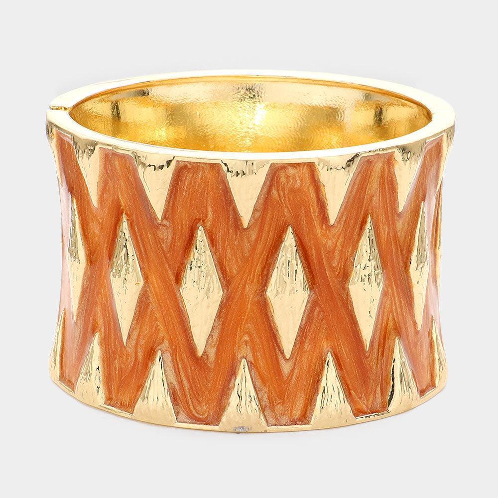 Brown Crisscross Patterned Enamel Metal Hinged Bracelet - Jewelry Store by Erik Rayo