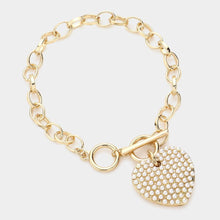 Load image into Gallery viewer, Cream Pearl Paved Heart Pendant Metal Toggle Bracelet
