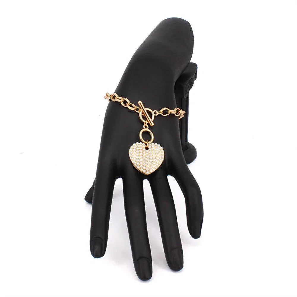 Cream Pearl Paved Heart Pendant Metal Toggle Bracelet - Jewelry Store by Erik Rayo