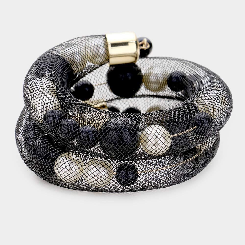 Cream Mesh Tube Pearl Adjustable Bracelet