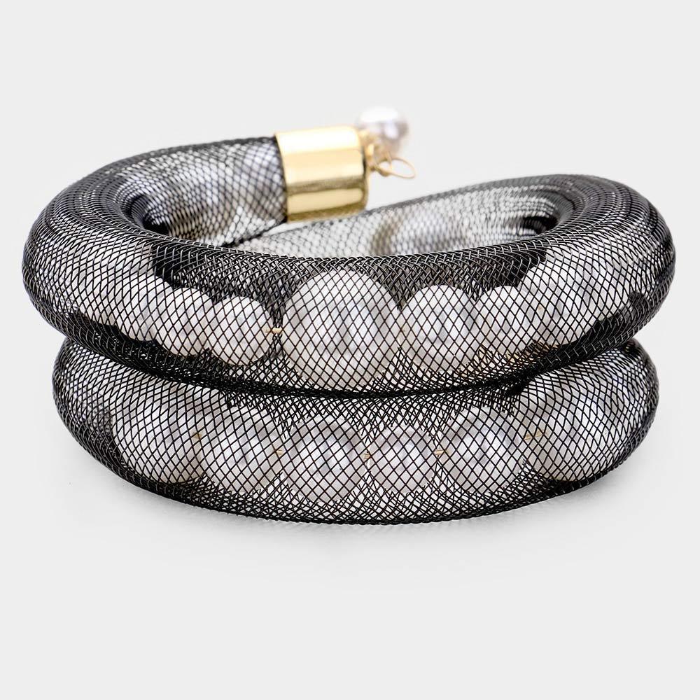 White Mesh Tube Pearl Adjustable Bracelet - Jewelry Store by Erik Rayo
