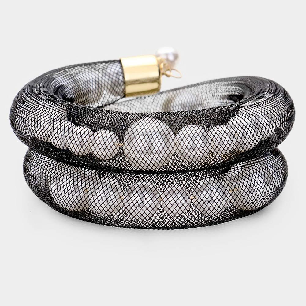 White Mesh Tube Pearl Adjustable Bracelet