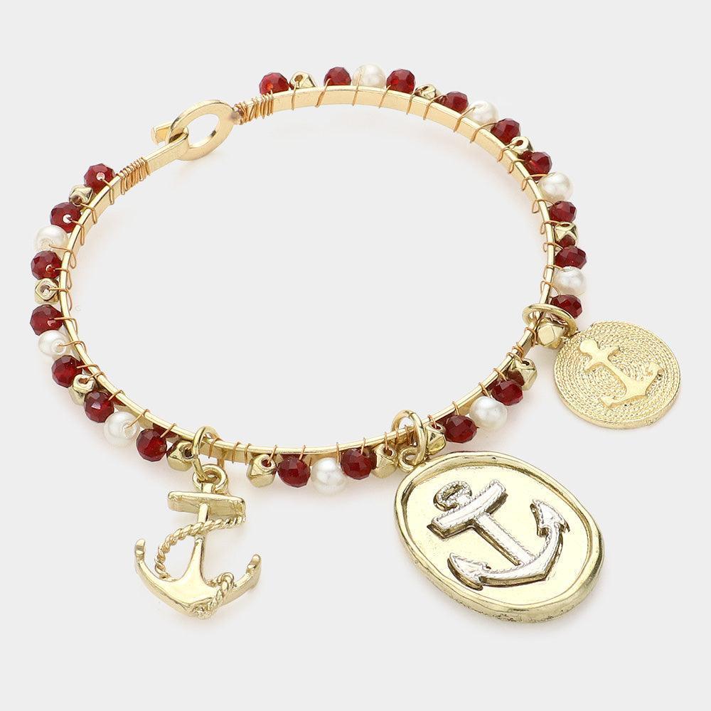 Red Beaded Nautical Anchor Bangle Bracelet - Jewelry Store by Erik Rayo