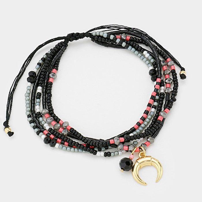 Gold Double horn charm multistrand boho bead cinch bracelet - Jewelry Store by Erik Rayo