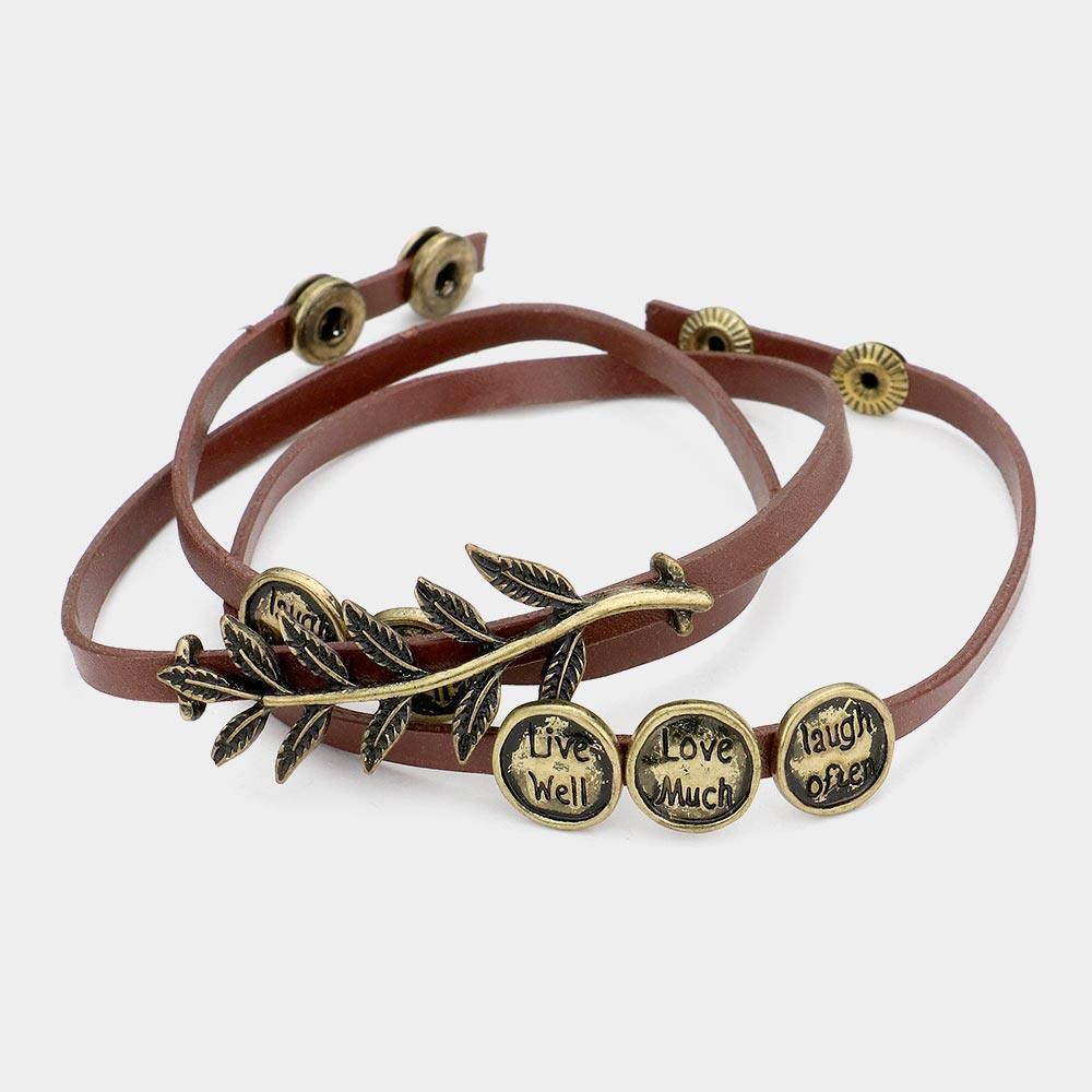 Gold Message Disc Cluster Laurel Faux Leather Wrap Bracelet - Jewelry Store by Erik Rayo
