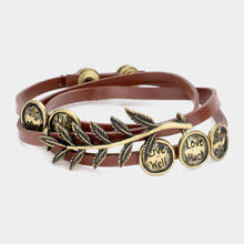 Load image into Gallery viewer, Gold Message Disc Cluster Laurel Faux Leather Wrap Bracelet
