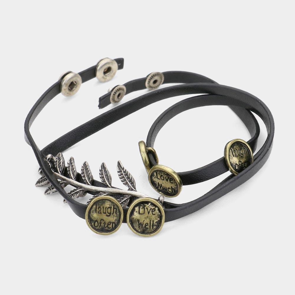 Silver Message Disc Cluster Laurel Faux Leather Wrap Bracelet - Jewelry Store by Erik Rayo