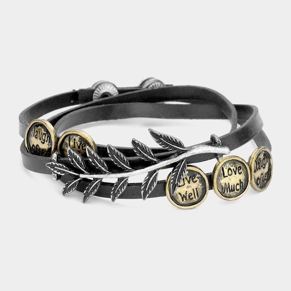 Silver Message Disc Cluster Laurel Faux Leather Wrap Bracelet - Jewelry Store by Erik Rayo