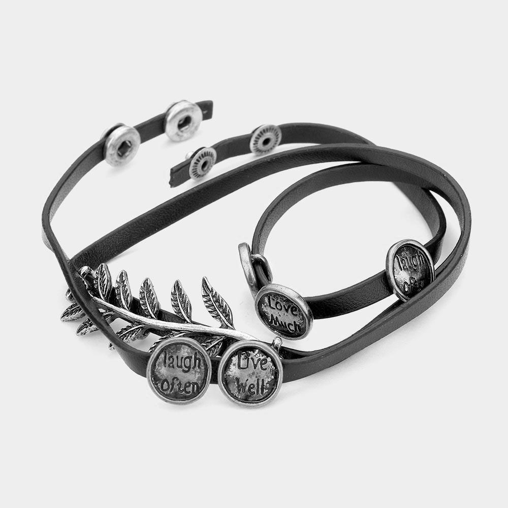Silver Message Disc Cluster Laurel Faux Leather Wrap Bracelet - Jewelry Store by Erik Rayo