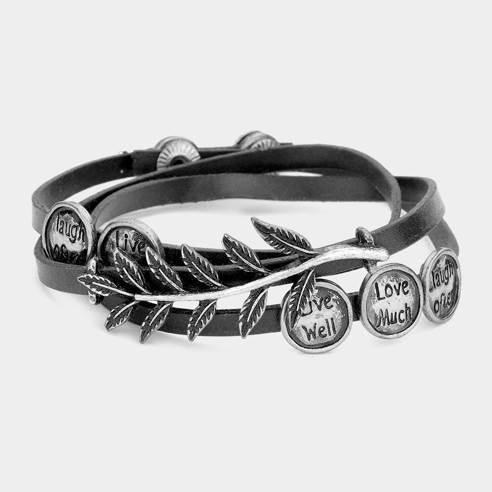 Silver Message Disc Cluster Laurel Faux Leather Wrap Bracelet - Jewelry Store by Erik Rayo