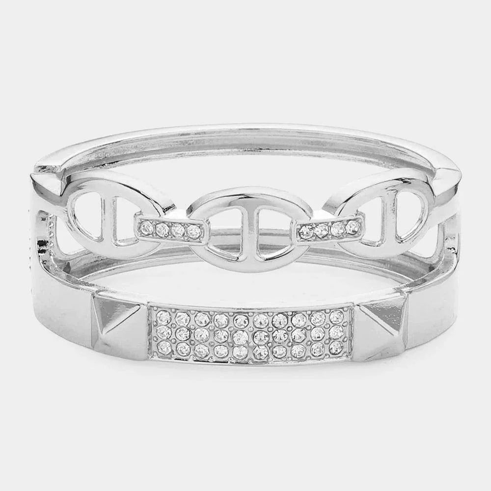 Silver Rhinestone Embellished Split Metal Hinged Bracelet - Jewelry Store by Erik Rayo