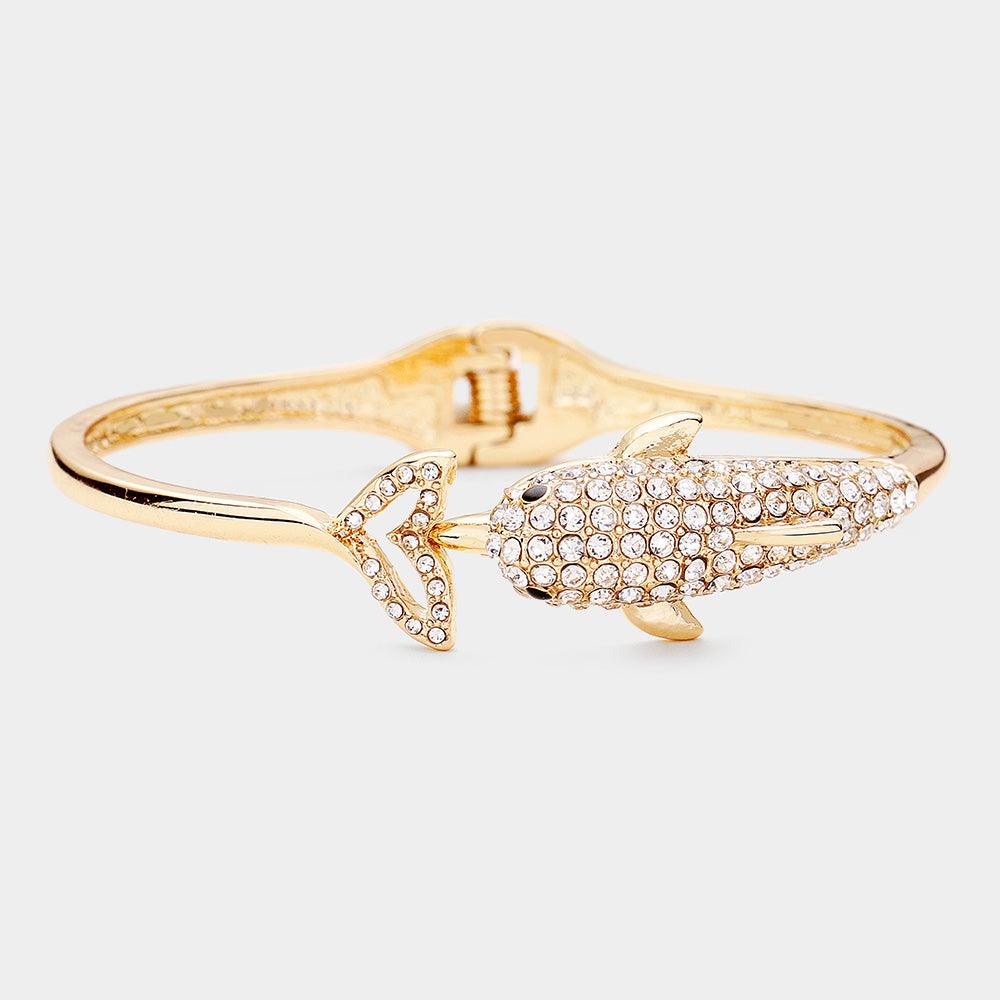 Gold Rhinestone Embellished Dolphin Hinged Bangle Bracelet