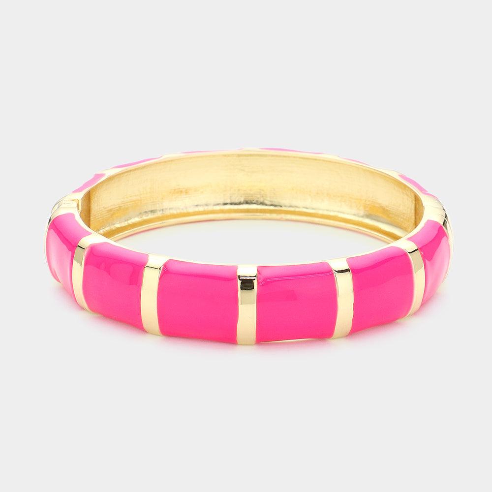 Pink Enamel Bamboo Hinged Bangle Bracelet