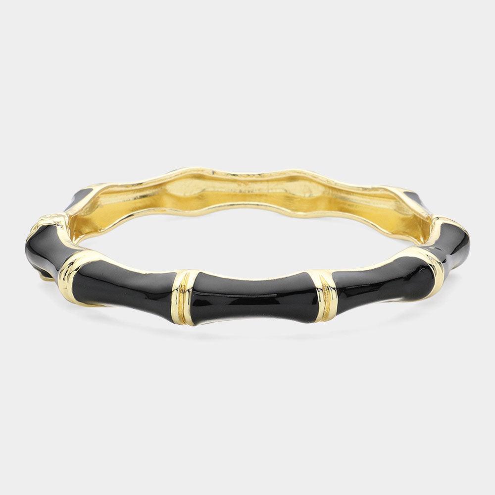 Black Enamel Bamboo Hinged Bangle Bracelet