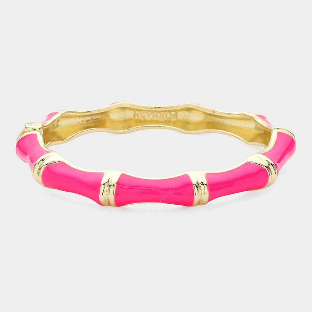 Pink Enamel Bamboo Hinged Bangle Bracelet