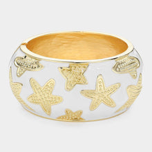 Load image into Gallery viewer, White Textured Metal Starfish Embellished Chunky Hinged Bangle Bracelet
