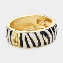 Load image into Gallery viewer, Gold Enamel Zebra Print Hinged Bangle Bracelet
