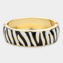 Load image into Gallery viewer, Gold Enamel Zebra Print Hinged Bangle Bracelet
