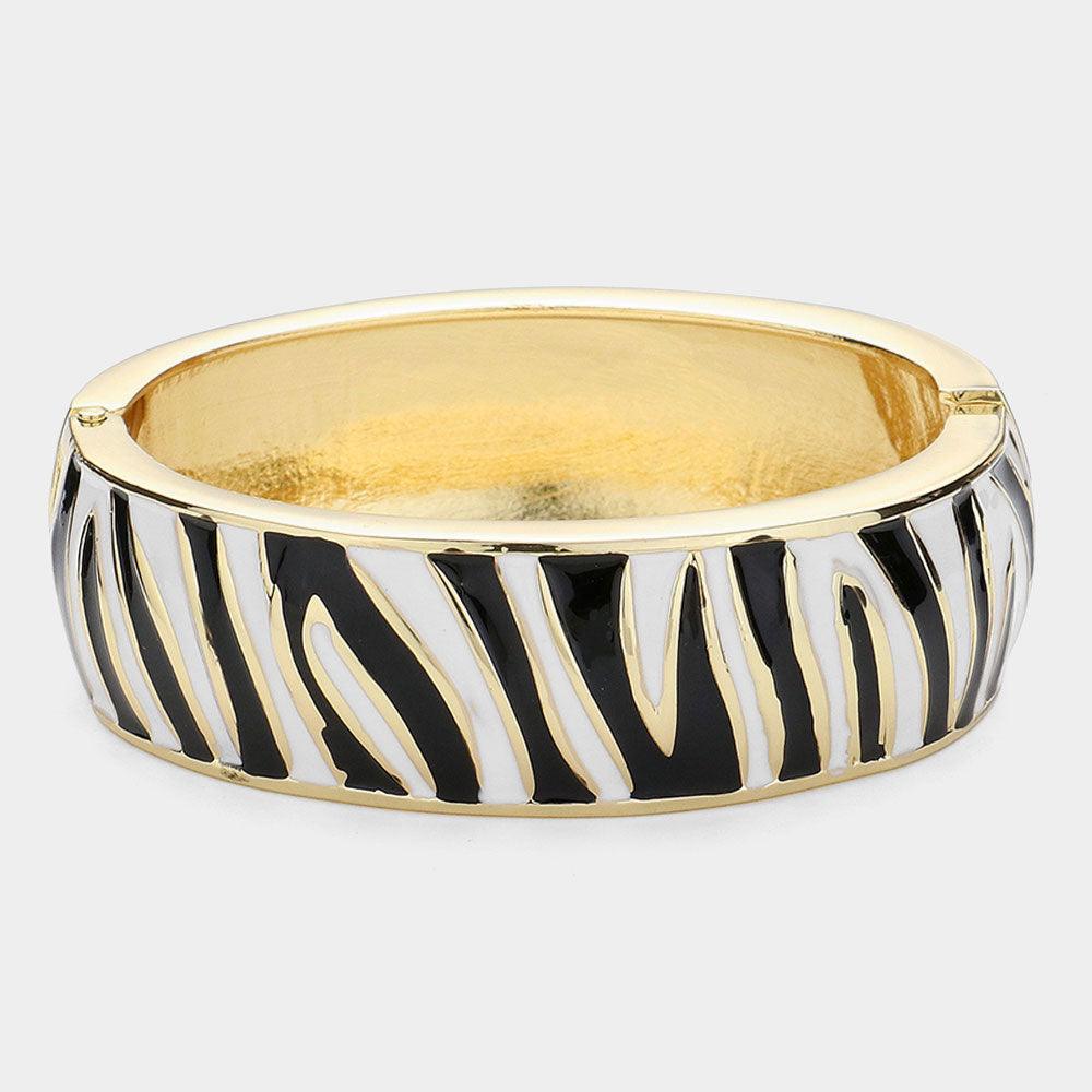 Gold Enamel Zebra Print Hinged Bangle Bracelet