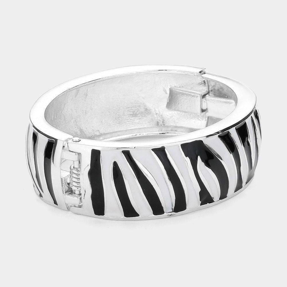Silver Enamel Zebra Print Hinged Bangle Bracelet - Jewelry Store by Erik Rayo