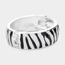 Load image into Gallery viewer, Silver Enamel Zebra Print Hinged Bangle Bracelet
