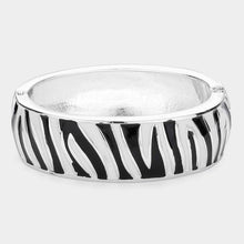 Load image into Gallery viewer, Silver Enamel Zebra Print Hinged Bangle Bracelet
