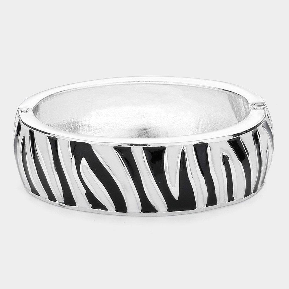 Silver Enamel Zebra Print Hinged Bangle Bracelet