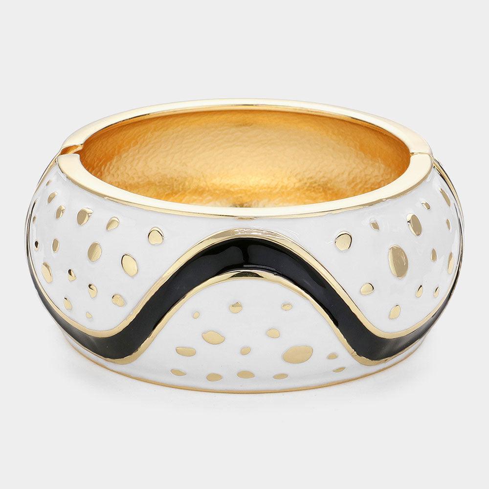 Gold Enamel Abstract Print Hinged Bangle Bracelet