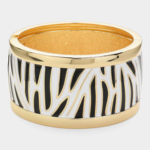 Load image into Gallery viewer, Gold Enamel Zebra Print Hinged Bangle Bracelet
