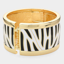 Load image into Gallery viewer, Gold Enamel Zebra Print Hinged Bangle Bracelet
