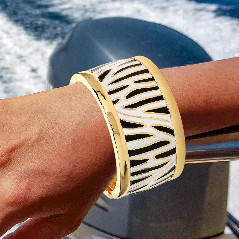 Gold Enamel Zebra Print Hinged Bangle Bracelet