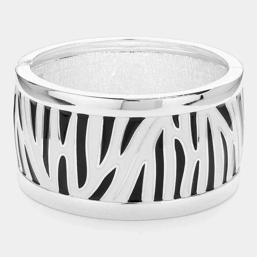 Silver Enamel Zebra Print Hinged Bangle Bracelet - Jewelry Store by Erik Rayo
