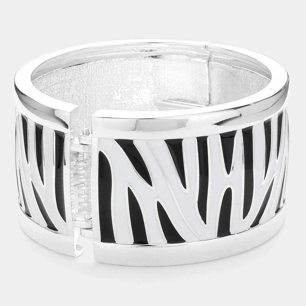 Silver Enamel Zebra Print Hinged Bangle Bracelet - Jewelry Store by Erik Rayo