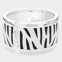 Load image into Gallery viewer, Silver Enamel Zebra Print Hinged Bangle Bracelet
