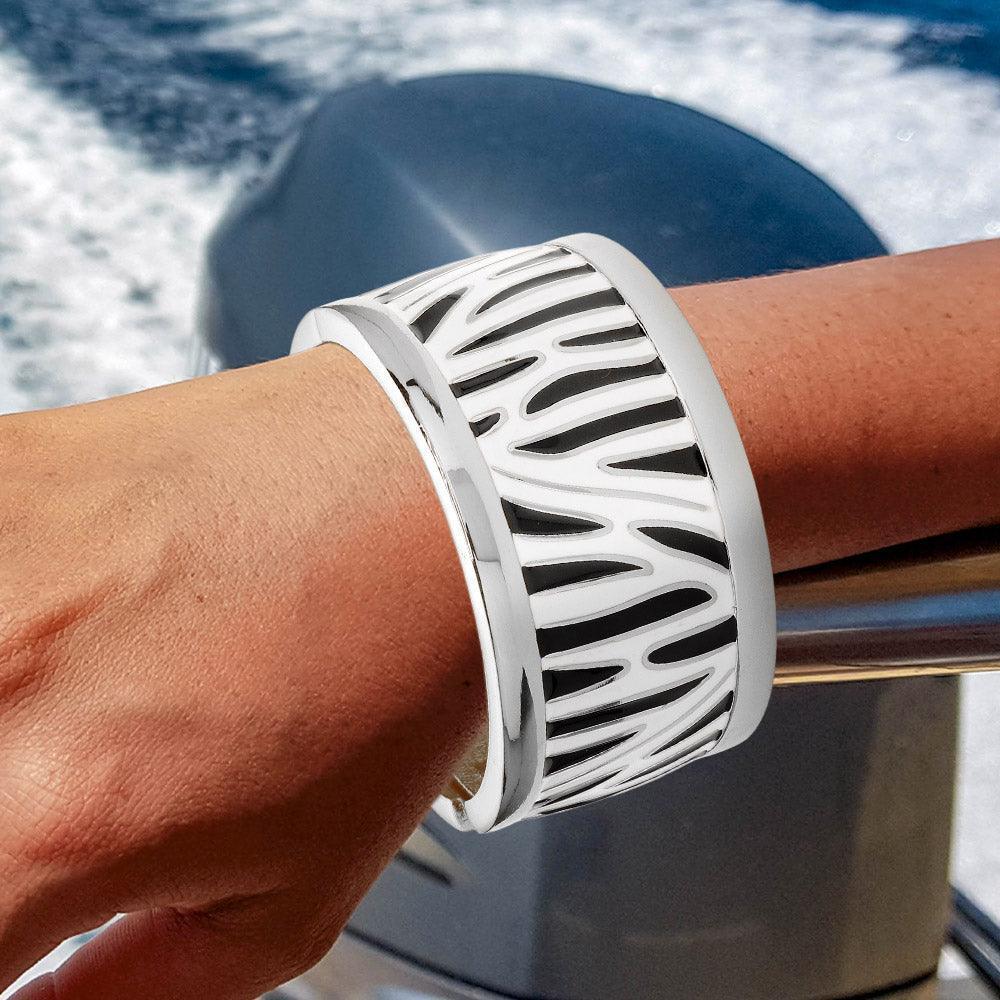 Silver Enamel Zebra Print Hinged Bangle Bracelet - Jewelry Store by Erik Rayo
