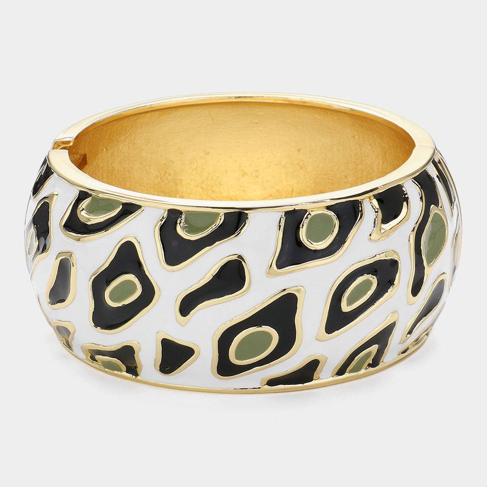 Gold Enamel Leopard Print Hinged Bangle Bracelet