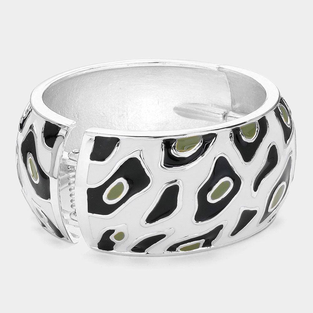 Silver Enamel Leopard Print Hinged Bangle Bracelet - Jewelry Store by Erik Rayo