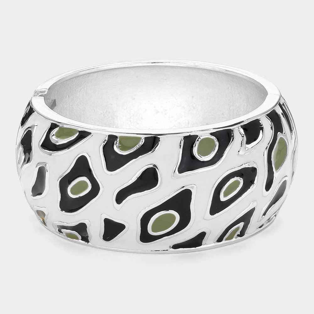 Silver Enamel Leopard Print Hinged Bangle Bracelet