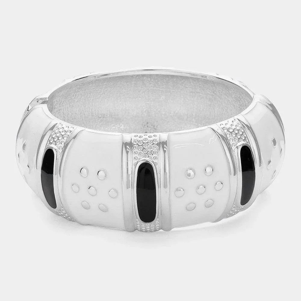 Silver Abstract Enamel Chunky Hinged Bangle Bracelet - Jewelry Store by Erik Rayo